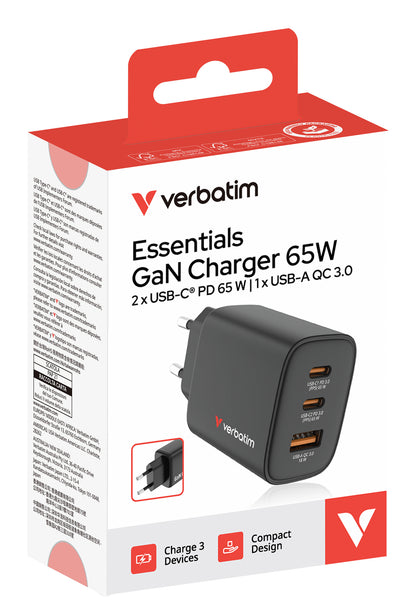 Verbatim 32352 GaN Charger 65W EU Plug Black – USB-C & USB-A Fast Charging