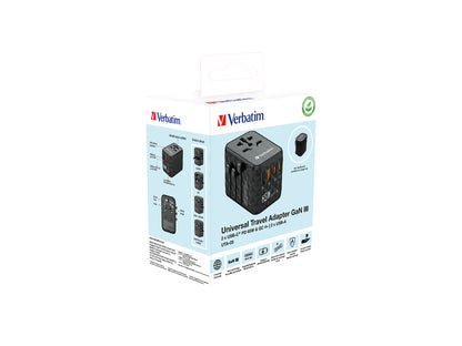 Verbatim 32120 UTA-05 65W GaN III Universal Travel Adapter – 2x USB-C PD, 2x USB-A, Black
