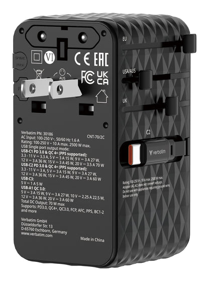 Verbatim 30186 Charge 'n' Travel 70W Universal Travel Adapter – GaN, 2C, Fast Charging, Black