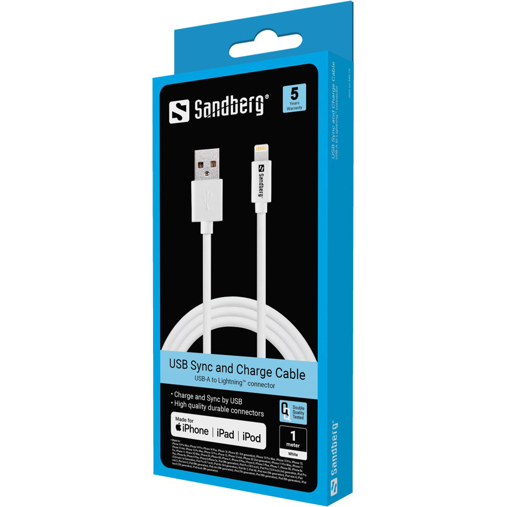 Sandberg 440-75 USB Lightning Cable 1m White – MFI Certified USB A to Lightning