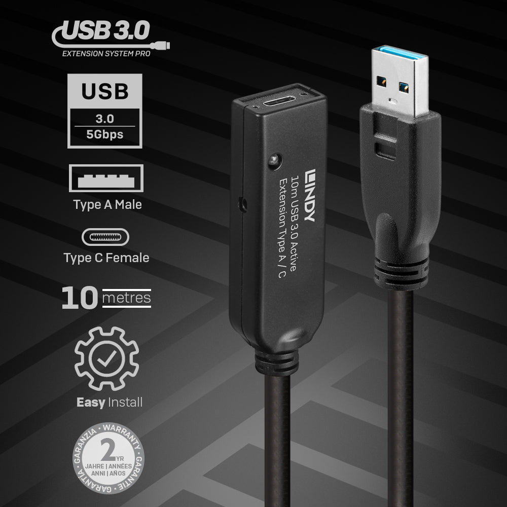 Lindy 43376 USB 3.0 Active Extension Cable – Type A to C 10m 5Gbps