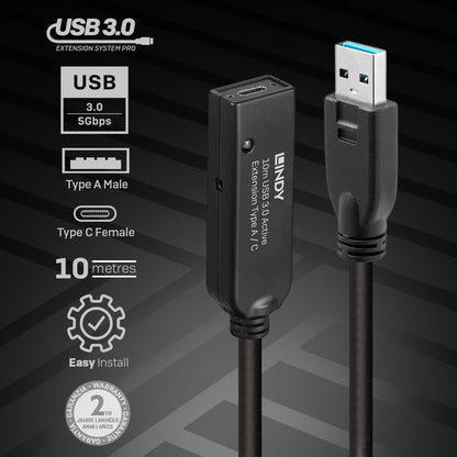 Lindy 43376 USB 3.0 Active Extension Cable – Type A to C 10m 5Gbps