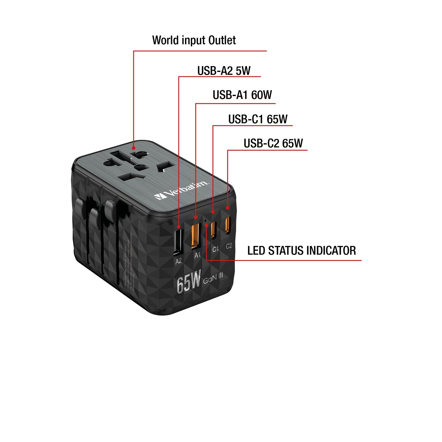 Verbatim 32120 UTA-05 65W GaN III Universal Travel Adapter – 2x USB-C PD, 2x USB-A, Black