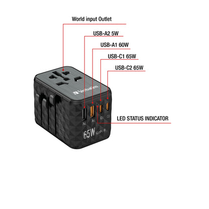 Verbatim 32120 UTA-05 65W GaN III Universal Travel Adapter – 2x USB-C PD, 2x USB-A, Black