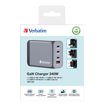 Verbatim 32205 GaN Charger 240W 4-Port USB-C/A Fast Charging Wall Adapter